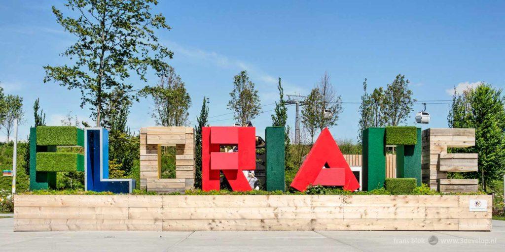 Threedimensional logo of the Floriade at the world horticulture exhibition in Almere, The Nethelrands in 2022