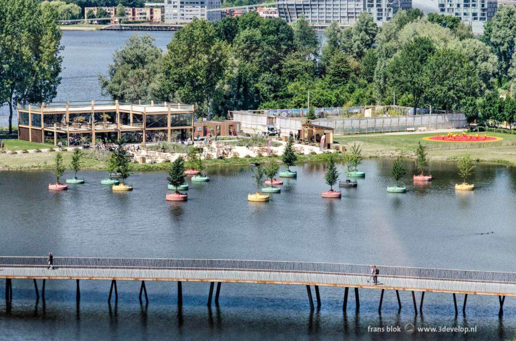 View from a cableway gondola at the Floriade horticulture exhibition in Almere, The Nethelrands, including the Floating Forest