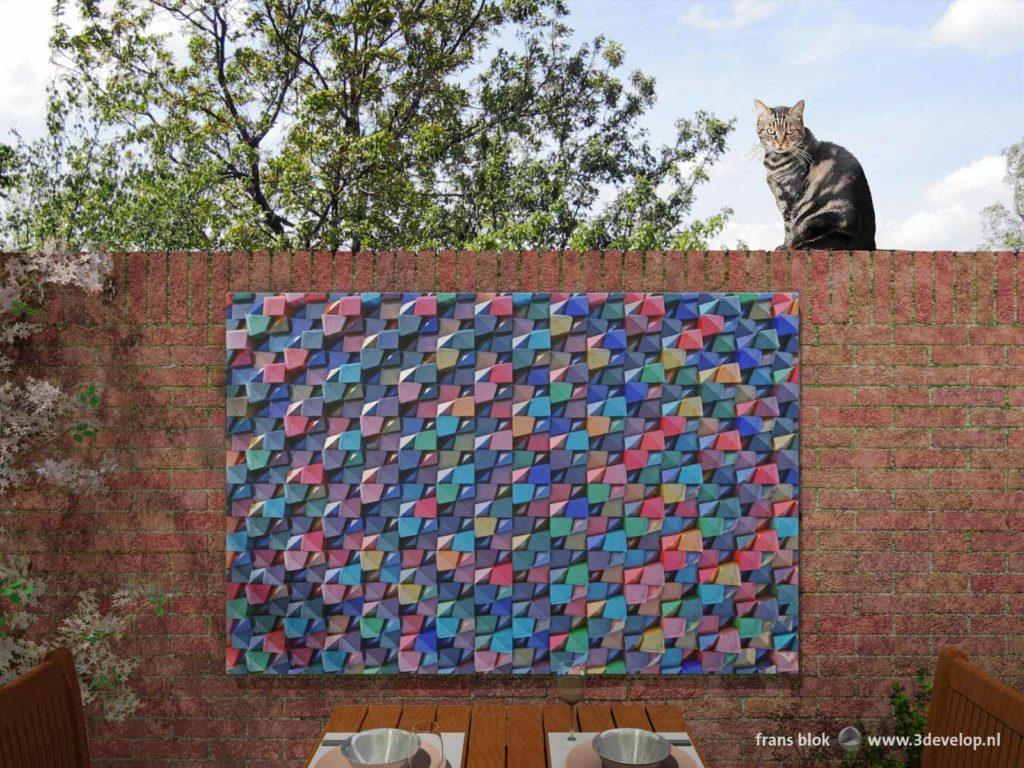 Cat on a brick garden wall decorated with a colorful abstract print