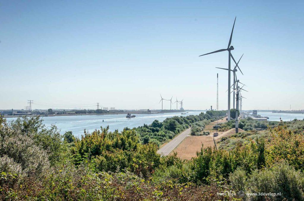 View from the summit of the mountain on Rozenburg peninsula over het industrial landscape of Nieuwe Waterweg canal and Europoort