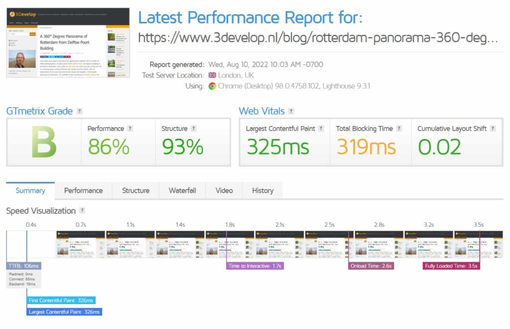 Screenshot of a GTmetrix performance report with predominantly good results