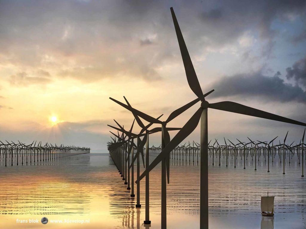 Artist impression of a wind farm in the North Sea at sunset with a Viking ship as a scale element