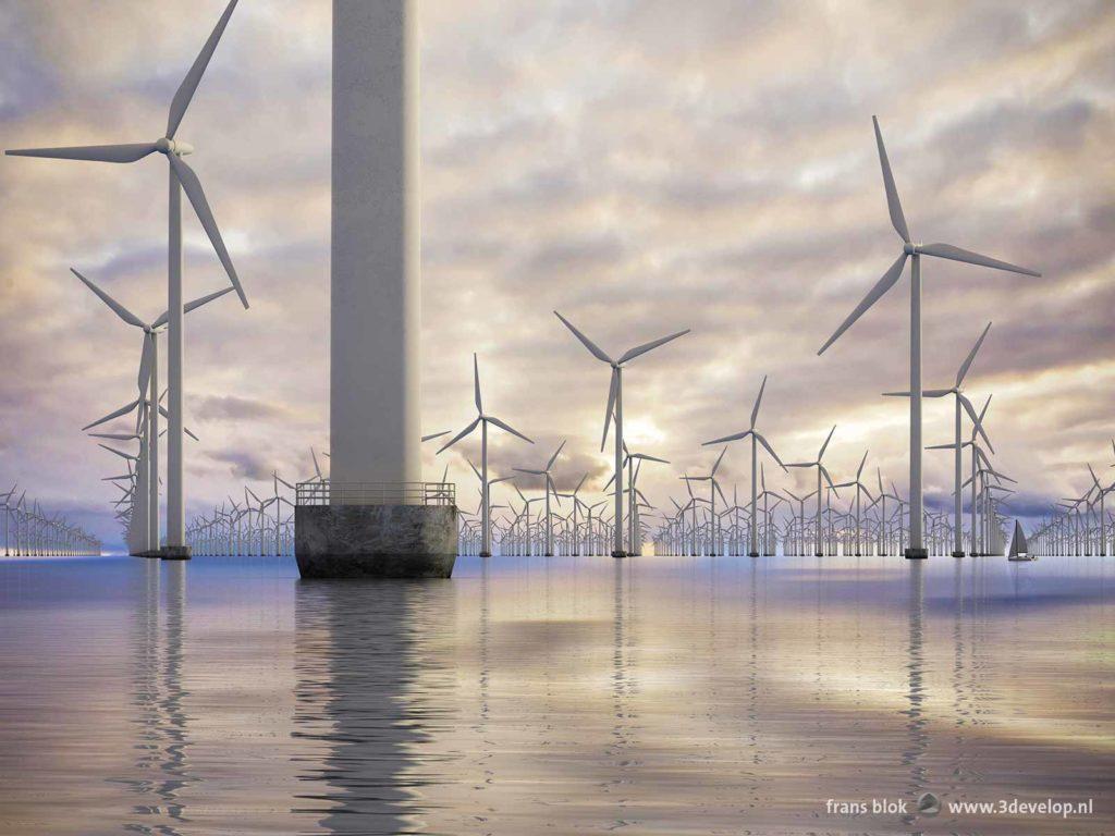 Wind farm in the North Sea seen from a low point of view against a spectacular evening sky with a sailing boat as a scale element