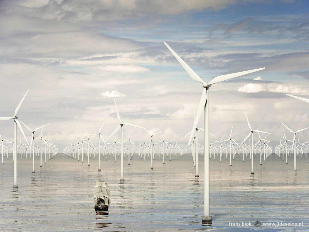 Visualization of a wind farm with a large number of wind turbines and a Spanish galleon as a scale element