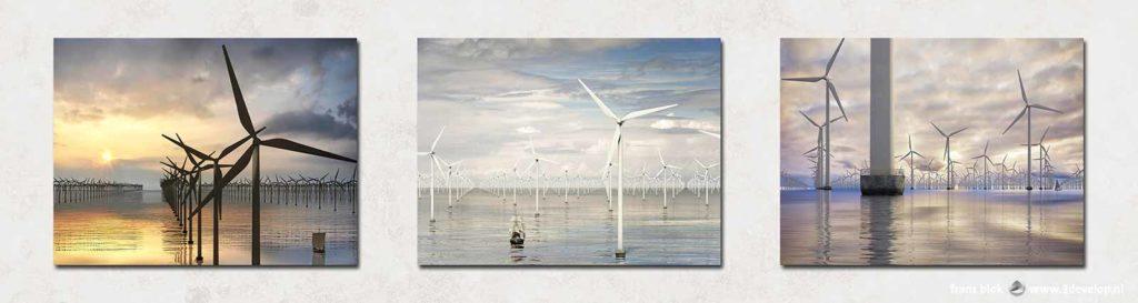 Triptych of artist impressions of a wind farm in the North Sea from different points of view and under different weather conditions