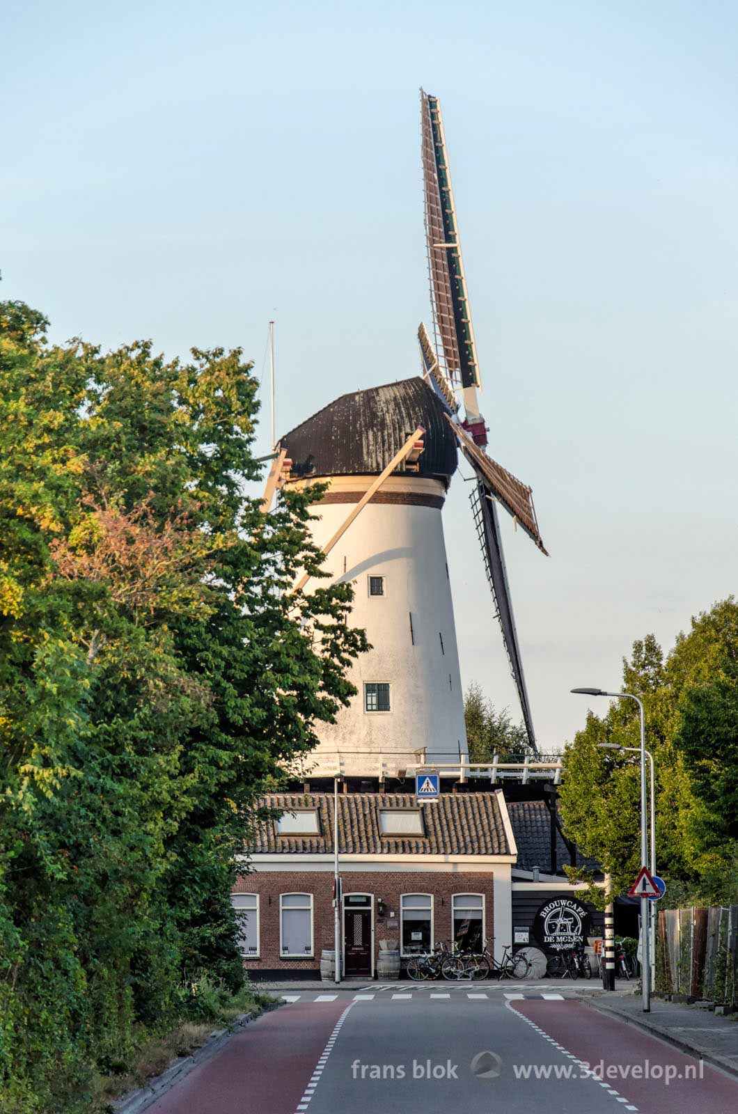 Windmill de Arkduif in Bodegraven, The Netherlands, with the cafe by brewery De Molen