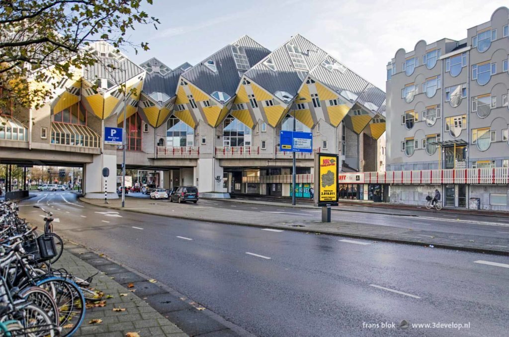 A lot of asphalt and unnecessary pavement tiles under the Cube Houses in downtown Rotterdam