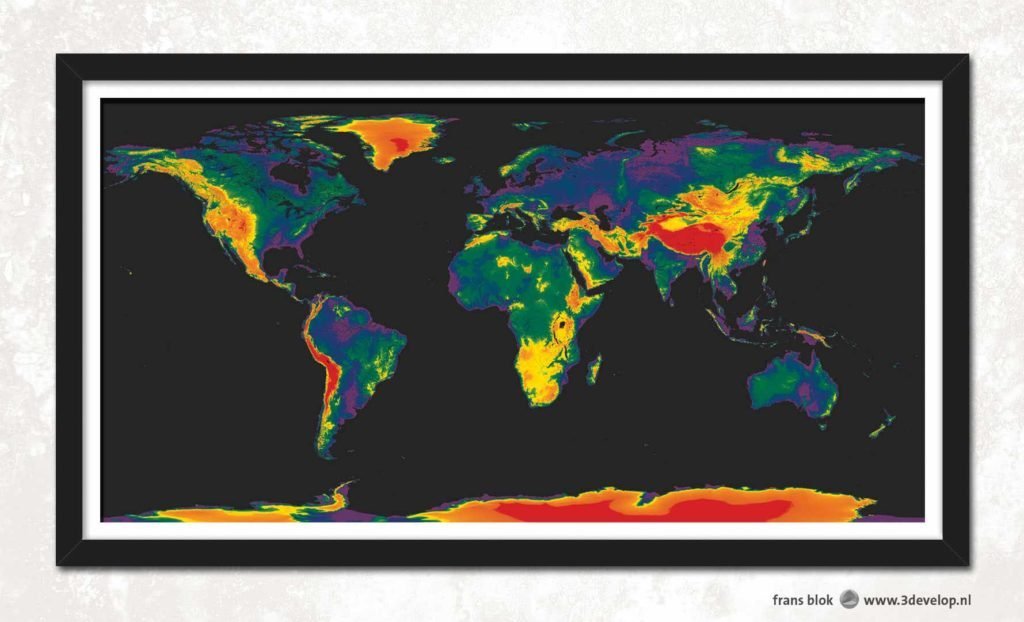 Framed print of a world map in the rainbow colors of the pride flag