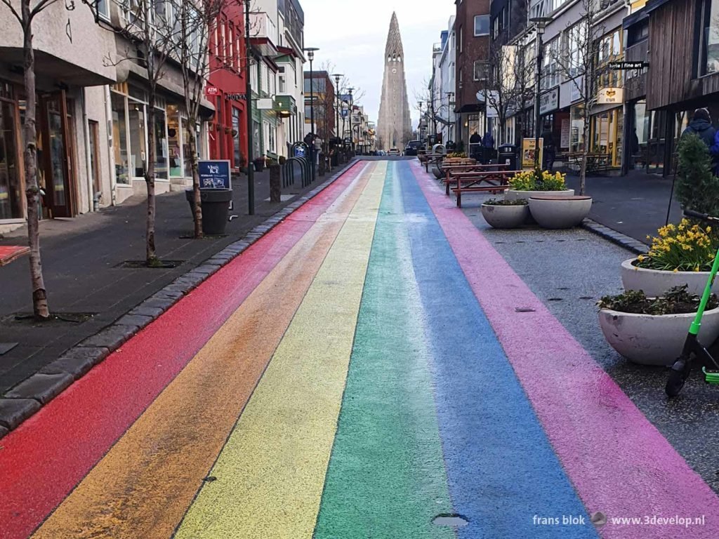 The rainbow colors of the Pride flag, painted on the asphalt at Skólavörðustígur in downtown Reykjavik, Iceland