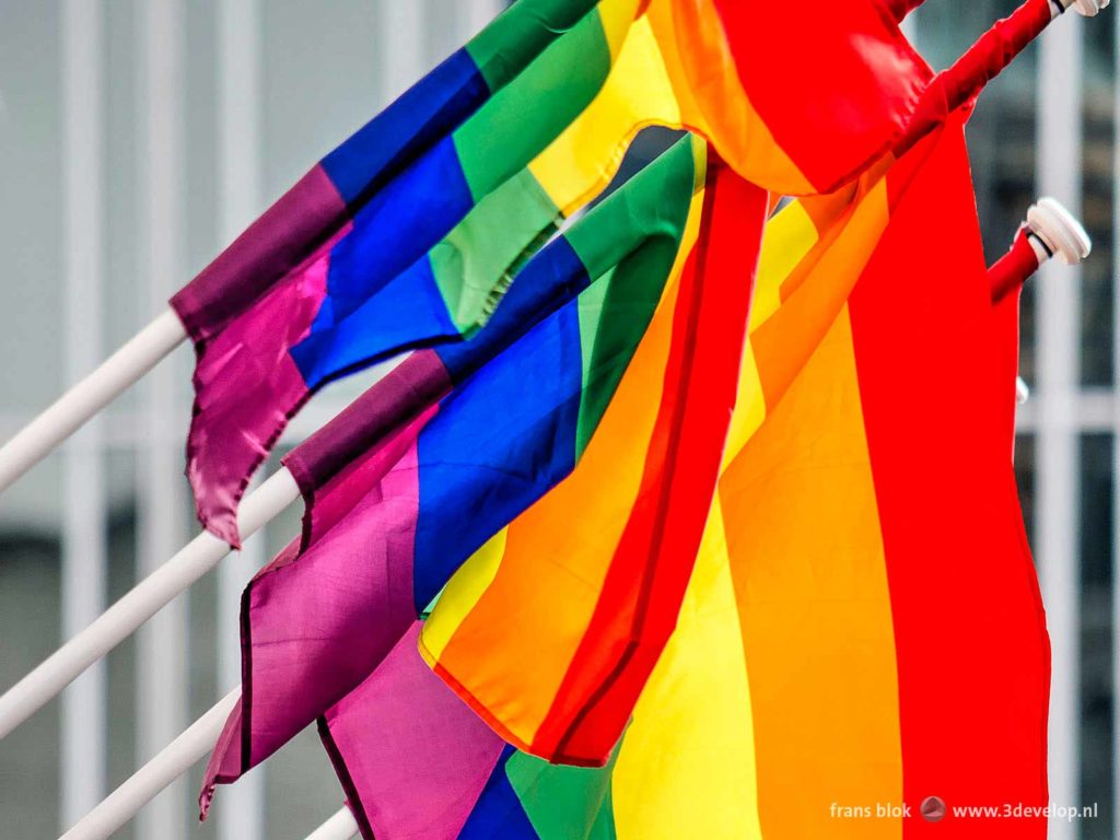 Rainbow flags on the facade of Bijenkorf department store during Rotterdam pride