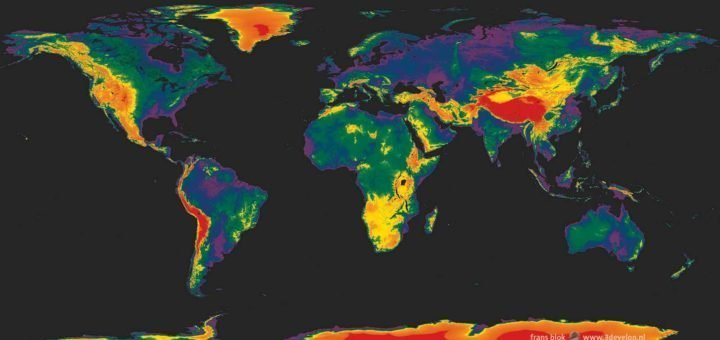 World map in rainbow colors based on the elevations on our planet