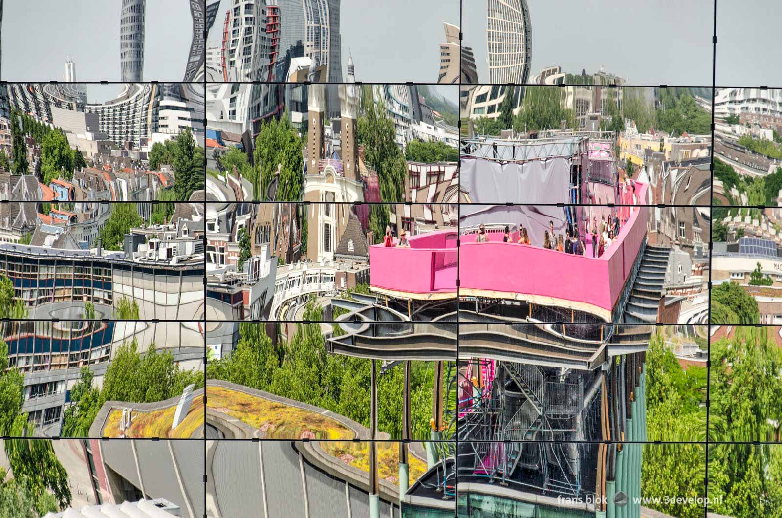 Reflection, with considerable distortions, in the facade of the Depot building in Rotterdma, taken from the Podium on the roof of the New Institute