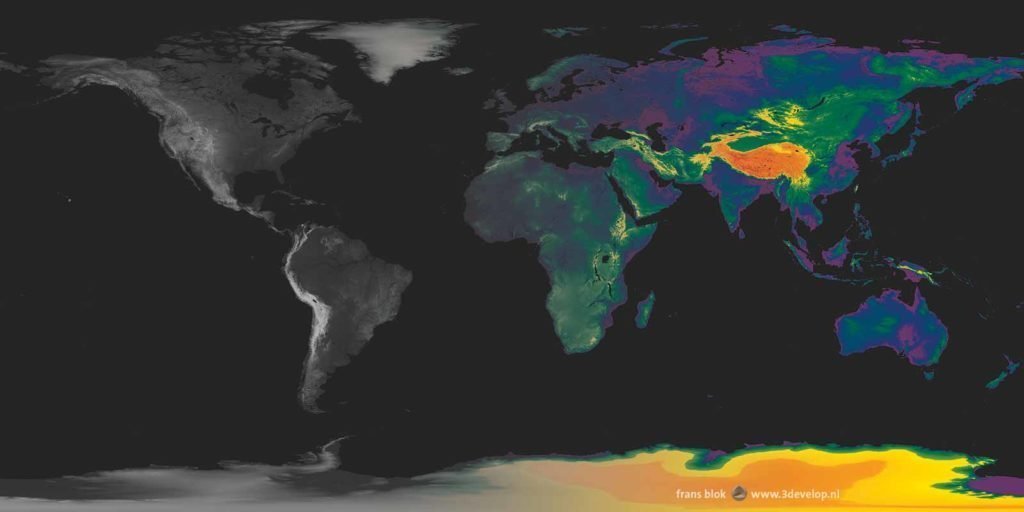 An elevation map of the earth in shades of grey transforms into a world map in rainbow colors