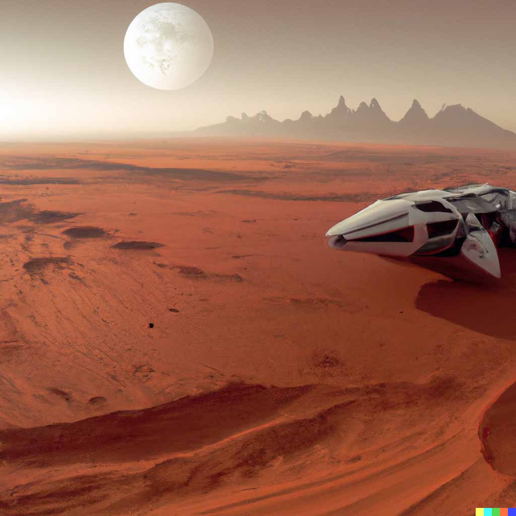 The surface of Mars with a spaceship in the vision of AI software Dall-E