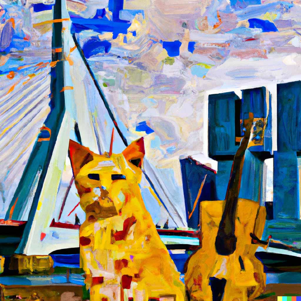 Painting of a cat with a guitar near Erasmus Bridge in Rotterdam, made with artificial intelligence Dall-E