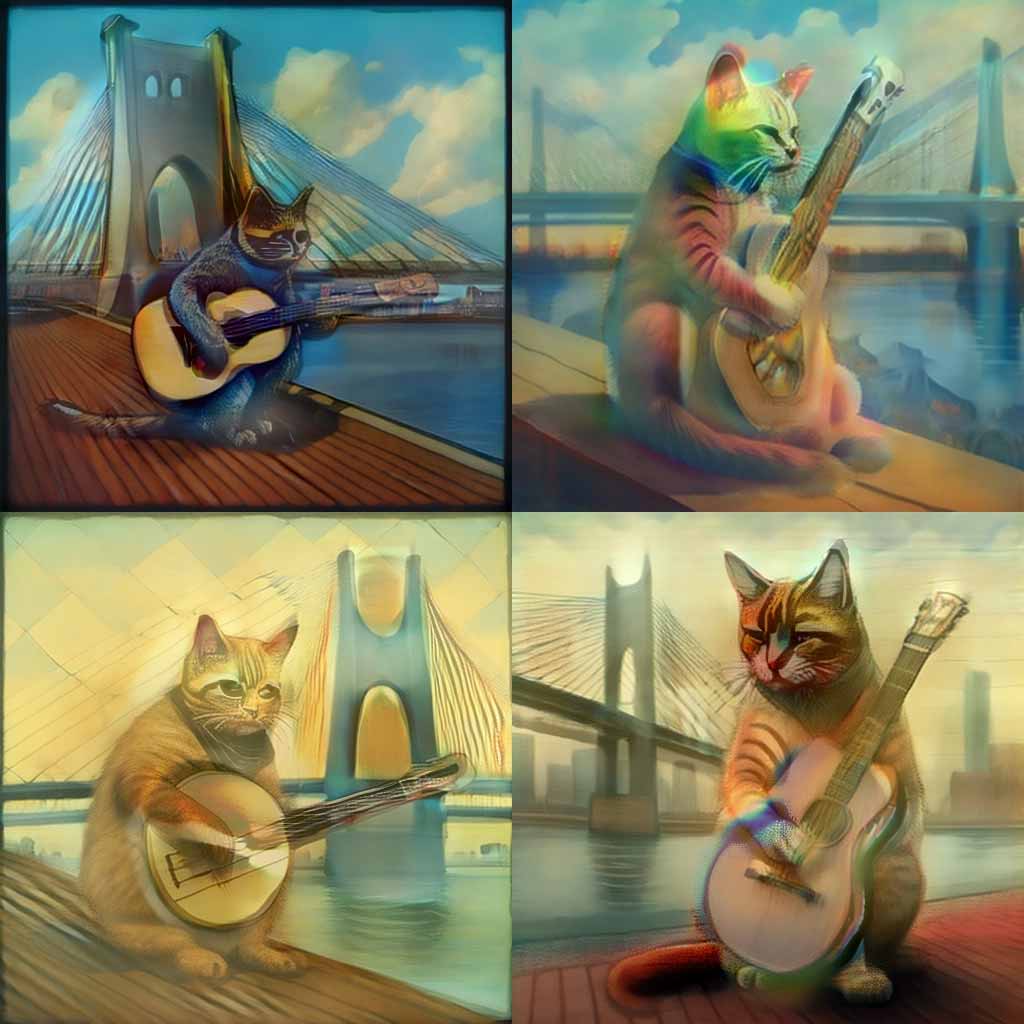 Four paintings of a cat with a gitar near a bridge, made with Midjourney