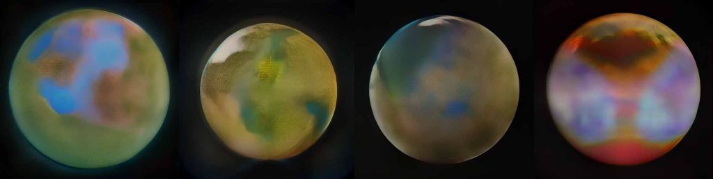 Four images of the Moon, after terraforming, drawn by program Midjourney