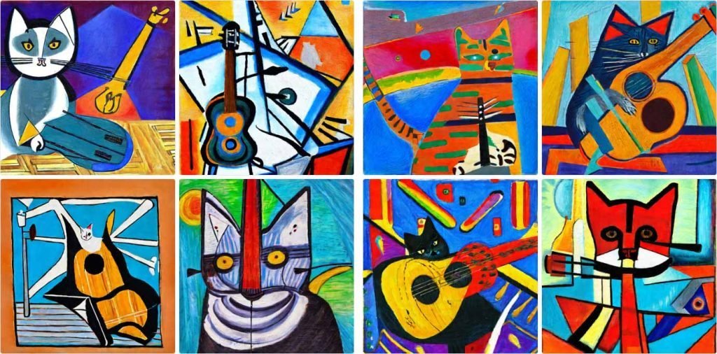 Eight paintings of a cat with a guitar in the style of Picasso and Kandinski, made with AI Stable Diffusion