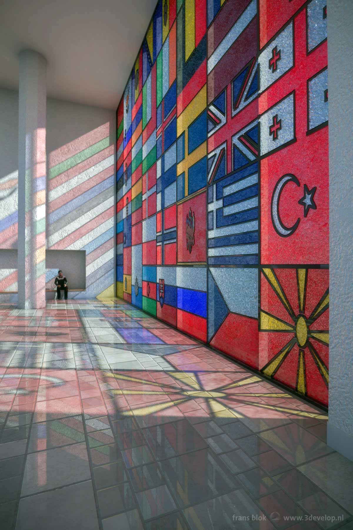 Imaginary space with a large stained glass window in which the flags of 48 European countries are represented