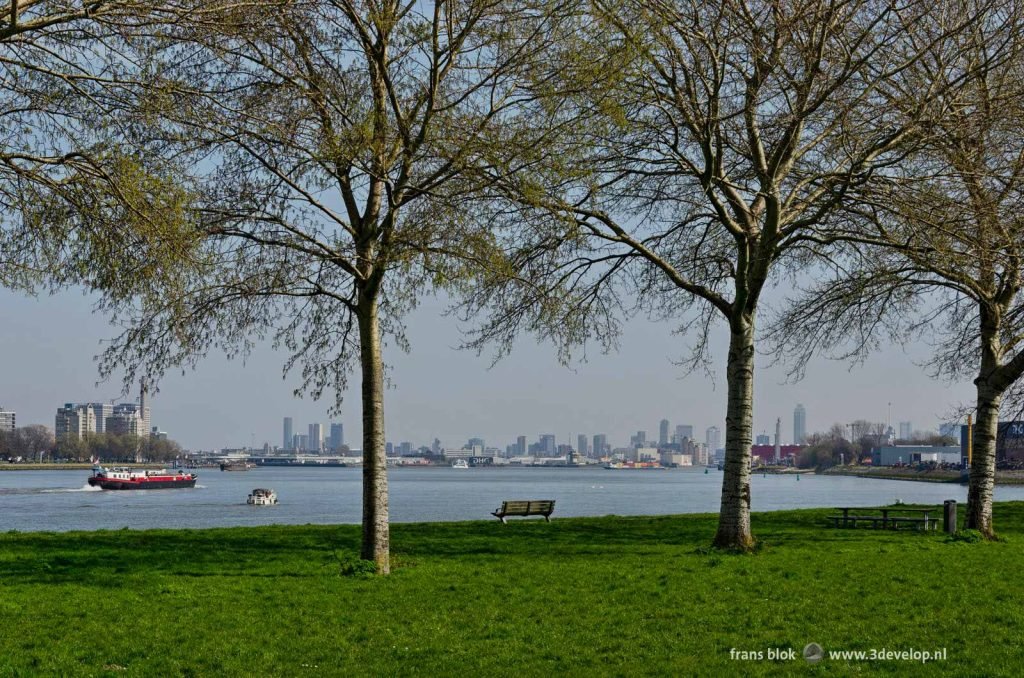 View from Pernis neighbourhood towards the Nieuwe Maas river and the Rotterdam skyline