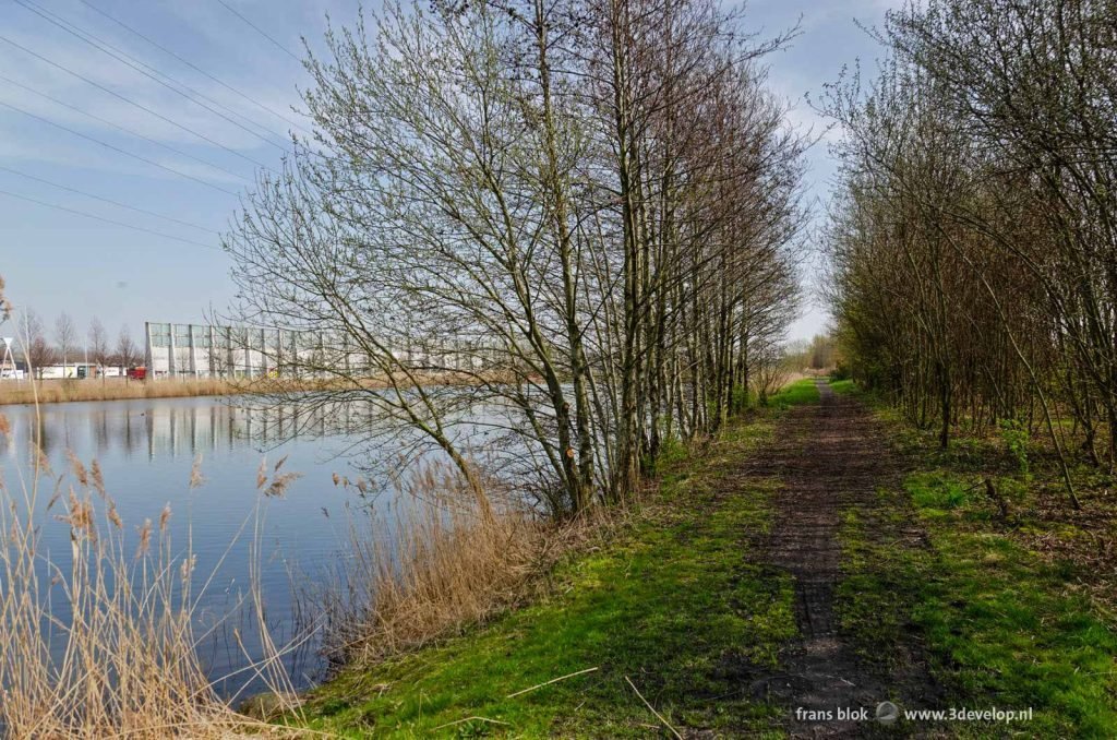 Muddy footpath near Rotterdam between forest and water with the highway, noise barriers and high-voltage lines in the background