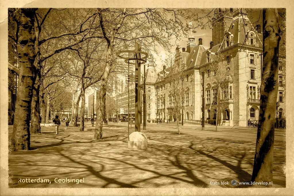 Coolsingel boulevard in Rotterdam, The Netherlands, with the city hall, plane trees and an art deco lamp post, on a recent photo transformed into a vintage postcard