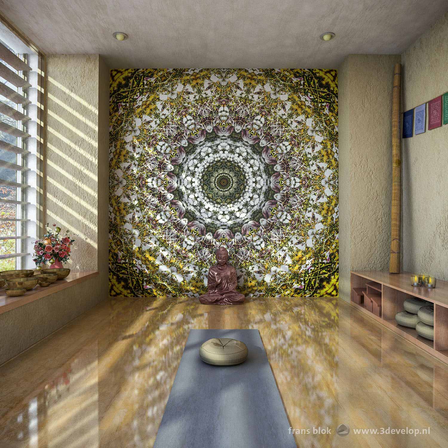 Small yoga studio in earth colors and a lot of wood, with illows, yoga mat, Tibetan bowls, didgeridoo and buddha and on the wall a mandala kind of artwork