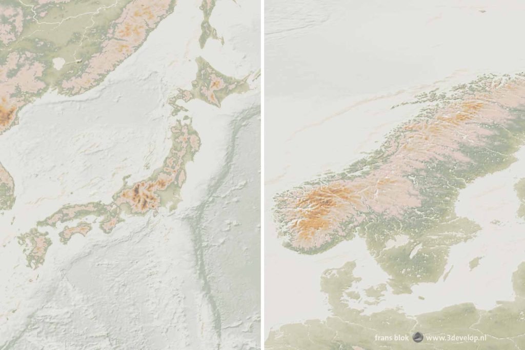 Twee uitsnedes uit de Japandi-wereldkaart: Japan en Scandinavië