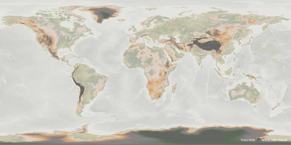 Een hoogtekaart van de wereld in een "Japandi" kleurenpalet met warme, ingehouden tinten