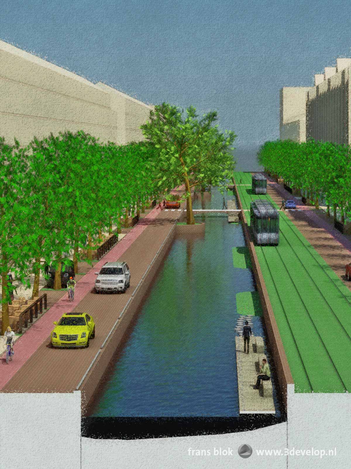 Newly created canal with trees, grass, bike lanes, outdoor cafes, trams and cars, on Goudsesingel in Rotterdam