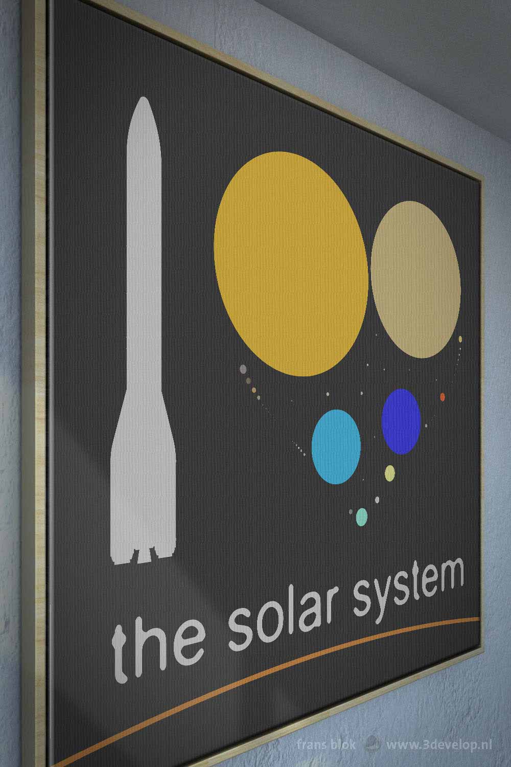 Leinwanddruck einer Grafik mit einer Rakete und den Planeten und großen Monden des Sonnensystems, die zusammen den Slogan „I Love The Solar System“ bilden