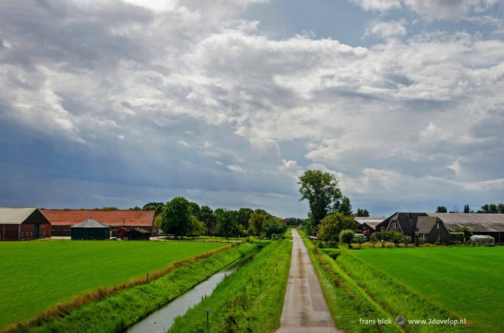 Country road with farms on both sides on Sint Philipsland, Zeeland, The Netherlands