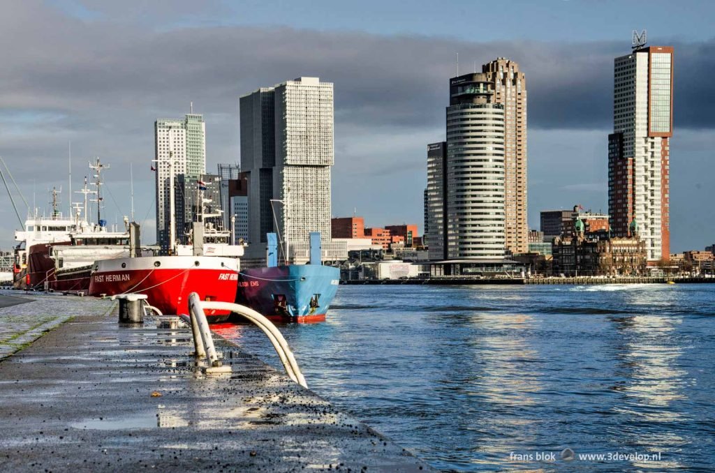 Park Quay in Rotterdam with moored vessels and a view of the river and the Southbank highrise