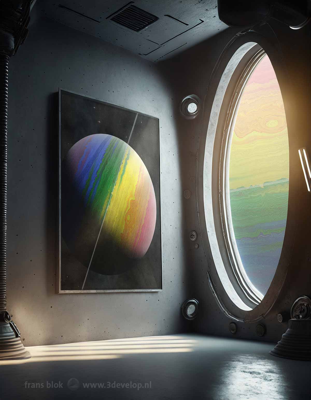 Interior of a cyberpunk spaceship with on the wall a print of a planet in the colors of the lgbti pride flag and behind a large round window a glimpse of the same gas giant