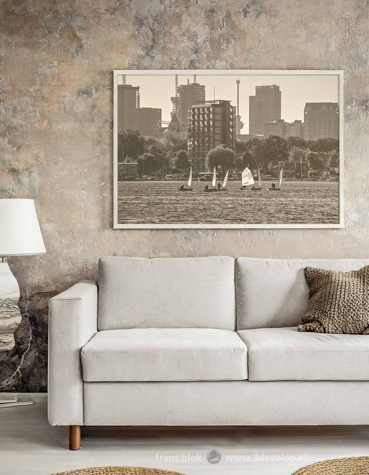 "Sailing on Kralingse Plas, Rotterdam", black and white photograph with a touch of sepia, framed above the couch in a living room with mainly sepia and grey tones