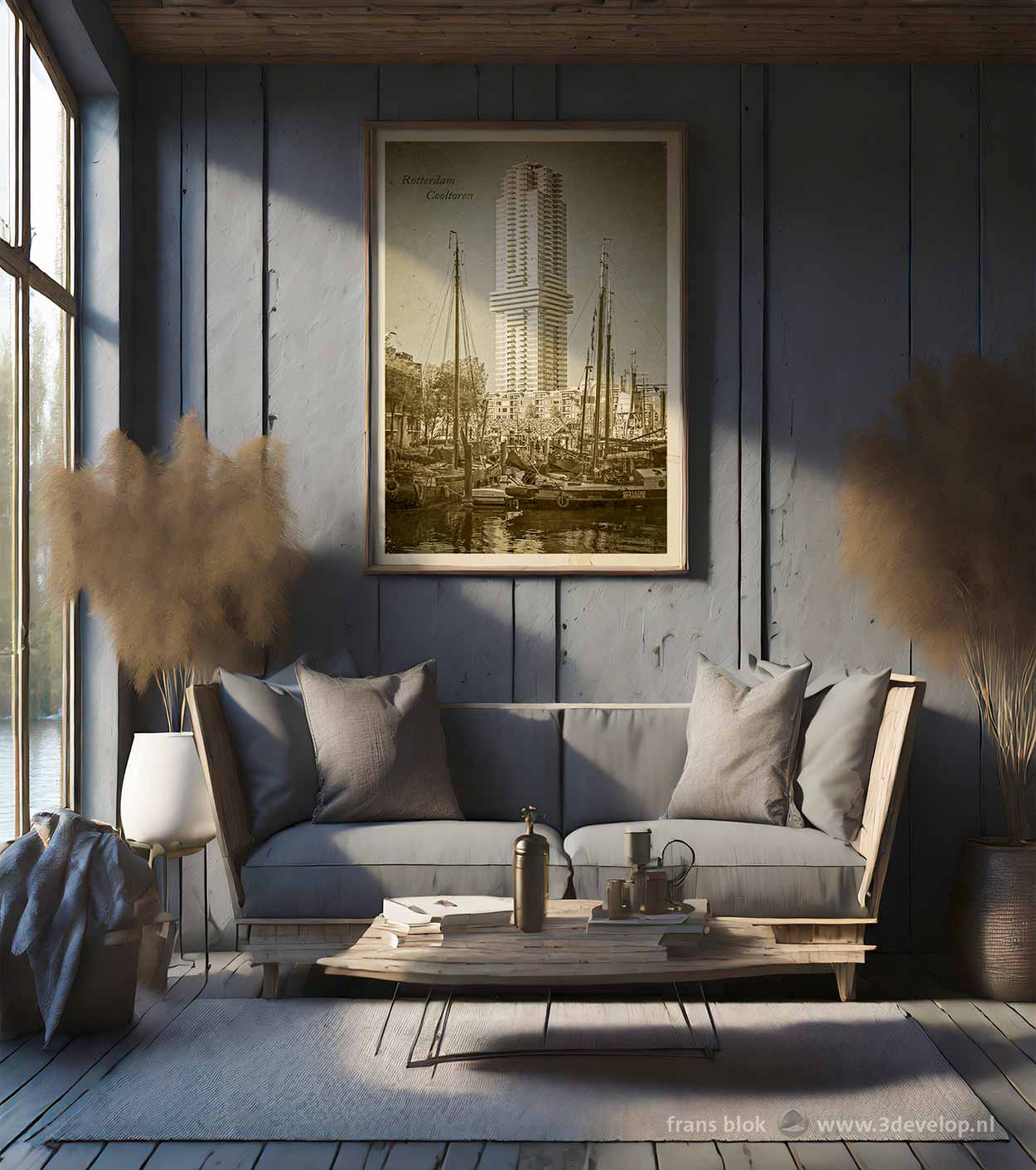 Print of a vintage postcard of the Cool Tower in Rotterdam, framed on a wall in a cosy houseboat