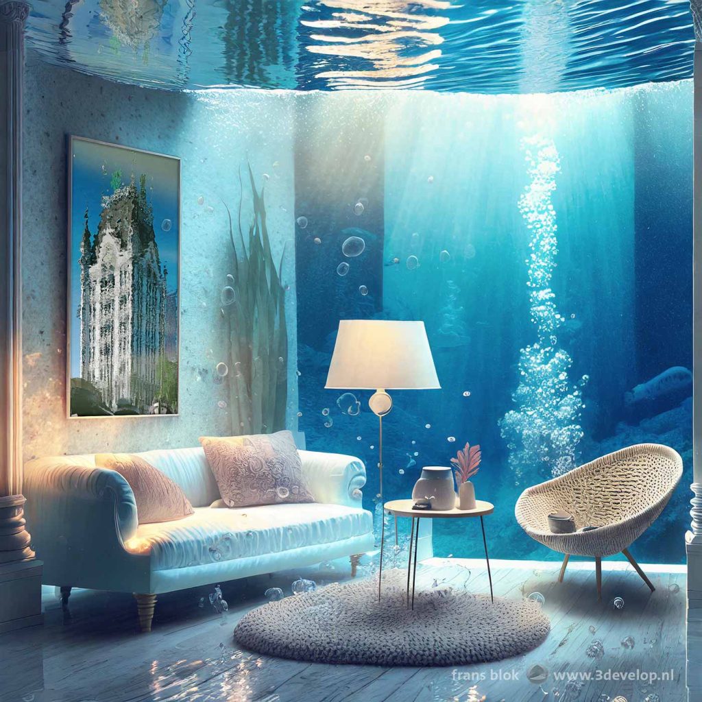 Cosy but somewhat humid living room under the water surface, with on the wall a photo of the White House in Rotterdam reflecting in the water of the Old Harbour