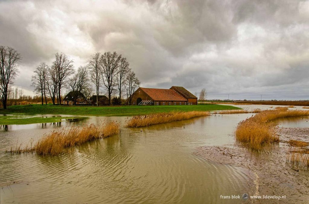 Historic farm in the Noordwaard region in the Netherlands, protected by a little dike against the rising water