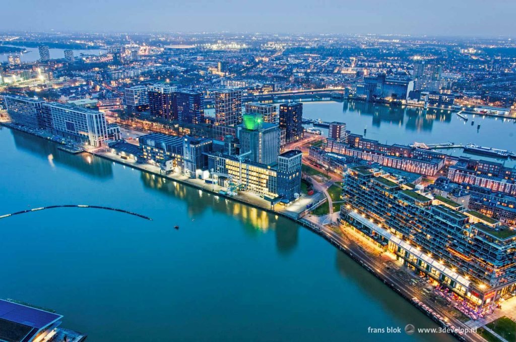 Rijnhaven and Maashaven harbours as well as Katendrecht neighbourhood in Rotterdam during the blue hour