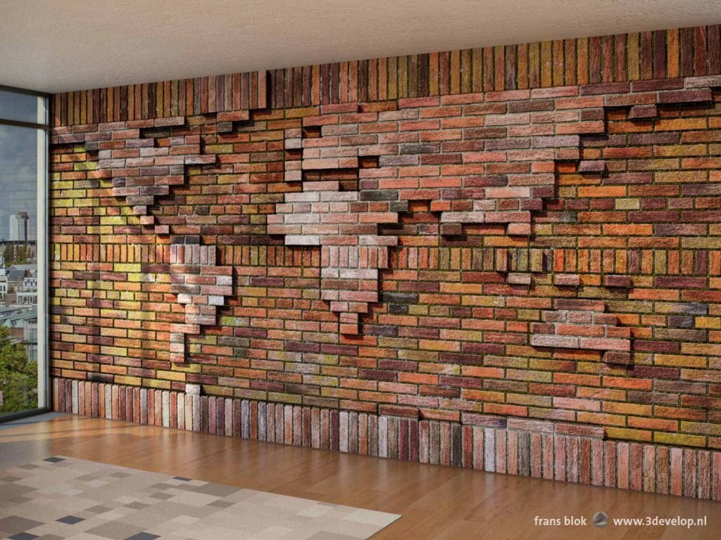 Living room with wallpaper showing a brick wall with a world map relief