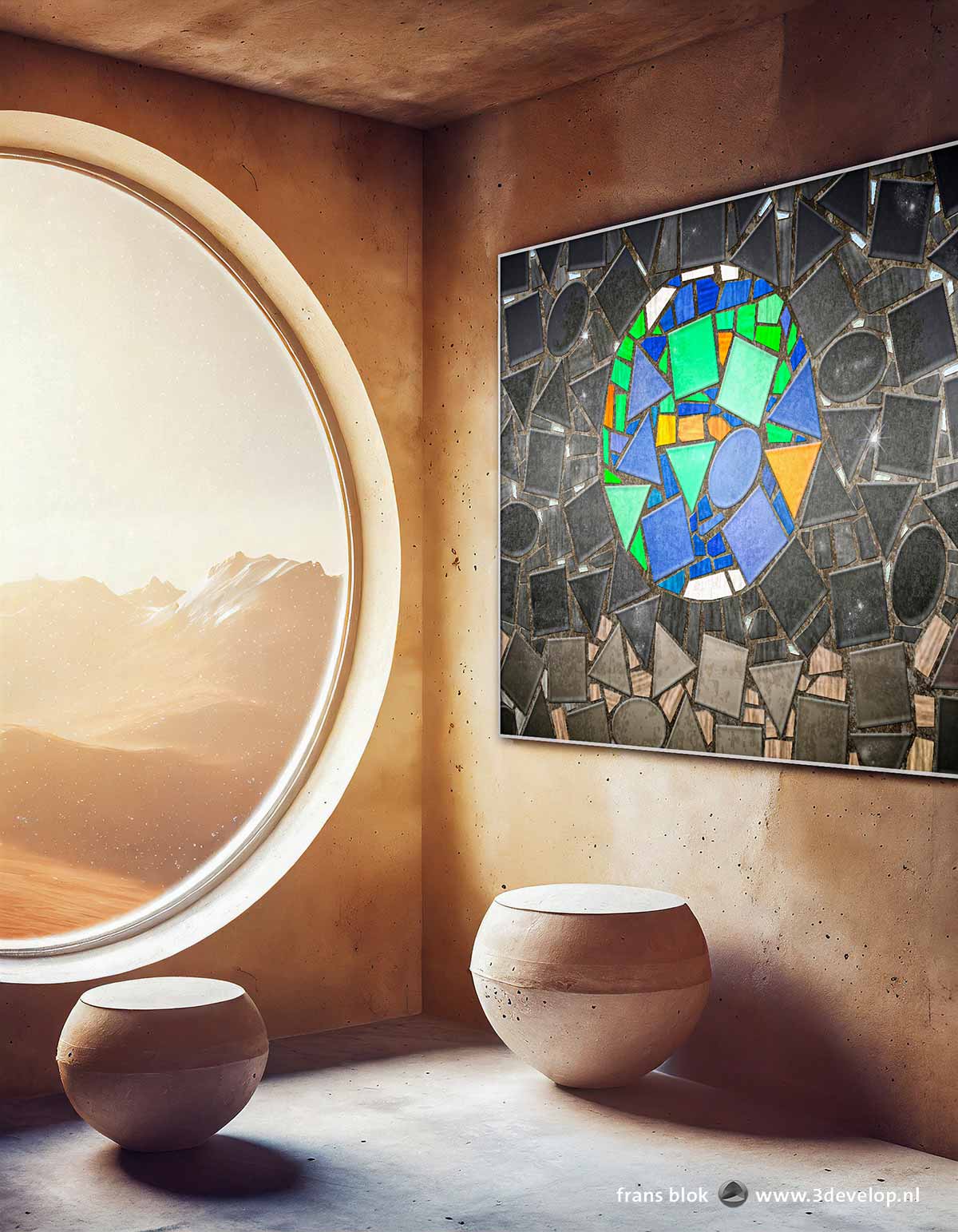 Framed print of a mosaic based on the famous Earthrise photo made by the Apollo 8 crew, on a wall in a Mars habitat