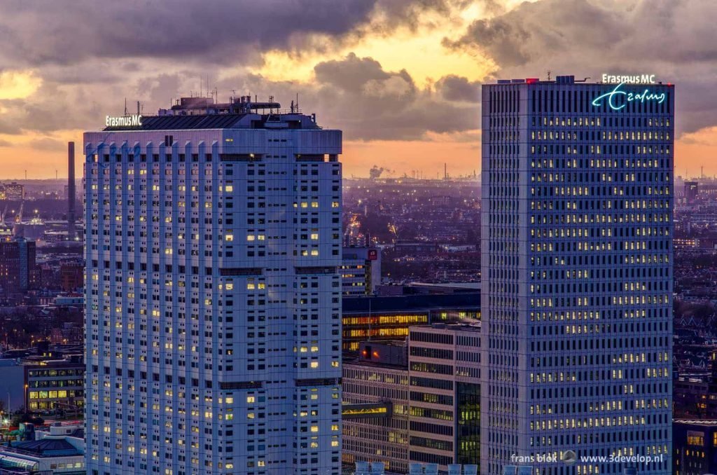 The Twin Towers of the Erasmus Medical Center in Rotterdam at nightfall