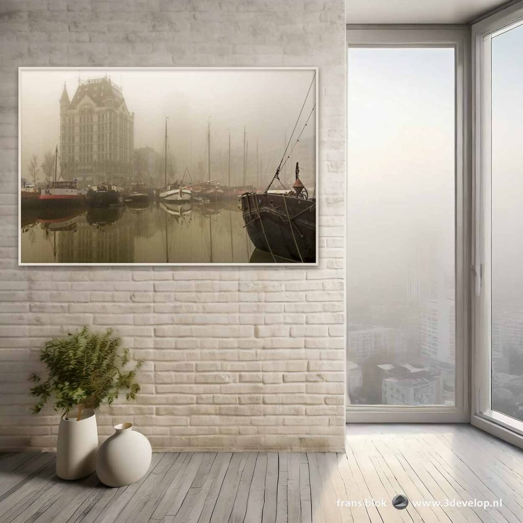 Photo of the Old Harbour in Rotterdam, as wall decoration in a white apartment with a view to a misty city