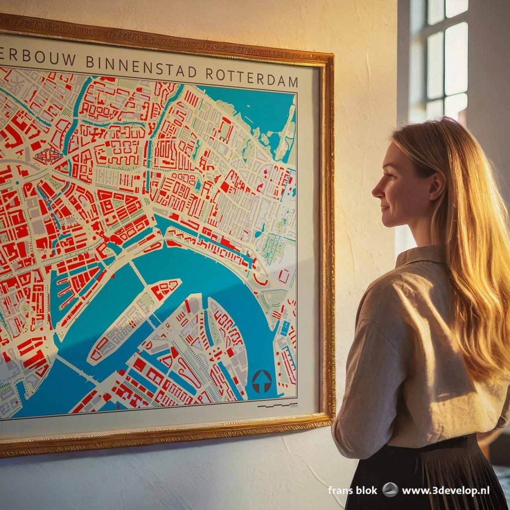 Woman in a museum looks at a revision plan of the post-war reconstruction of Rotterdam