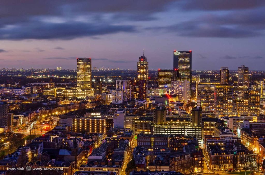 Downtown Rotterdam in the blue hour after sunset seen from the Zalmhaven tower