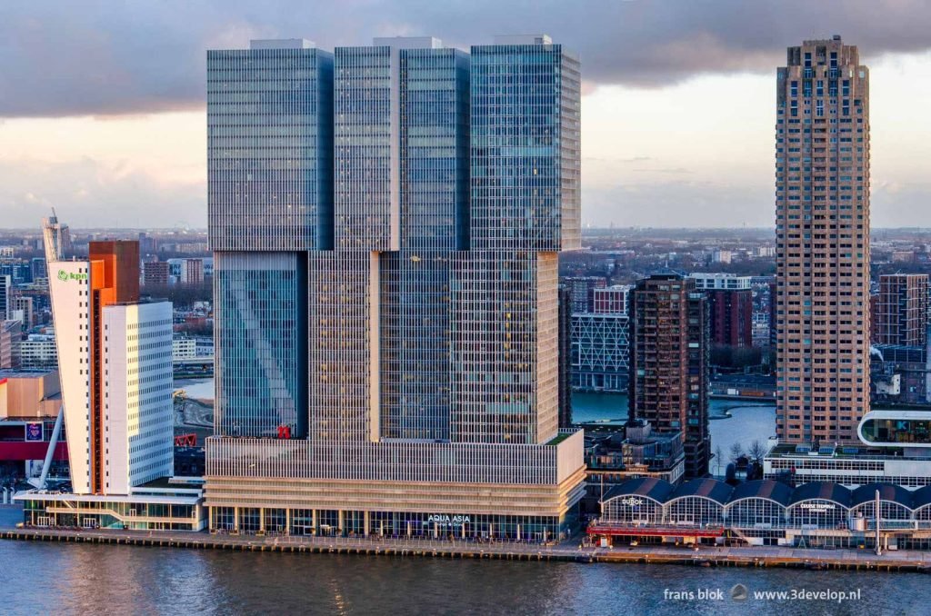 Wilhelmina Pier in Rotterdam with the KPN tower, The Rotterdam building, the cruise terminal and New Orleans