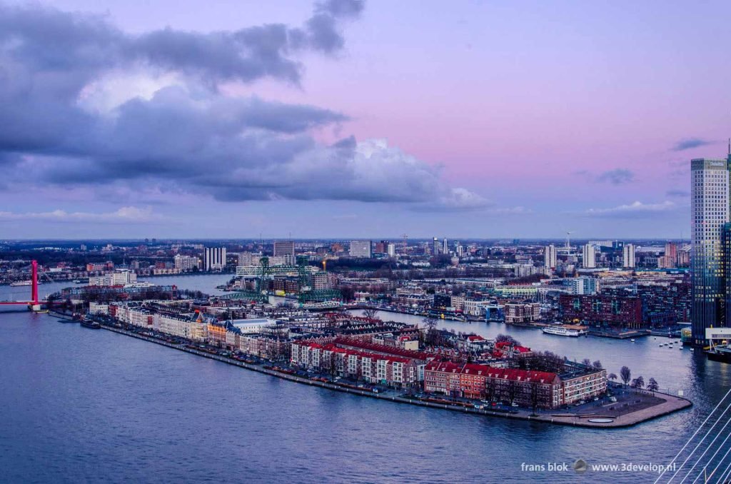 River island Noordereiland in Rotterdam, seen from Zalmhaven tower, during sunset