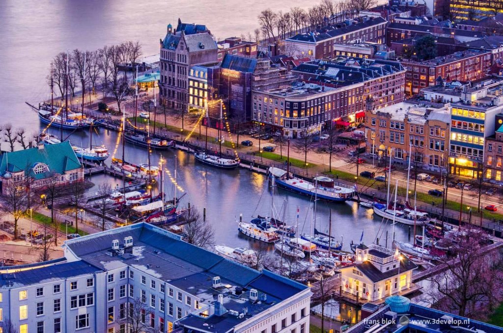 Aerial photo of Veerhaven marina in Rotterdam during evening twilight