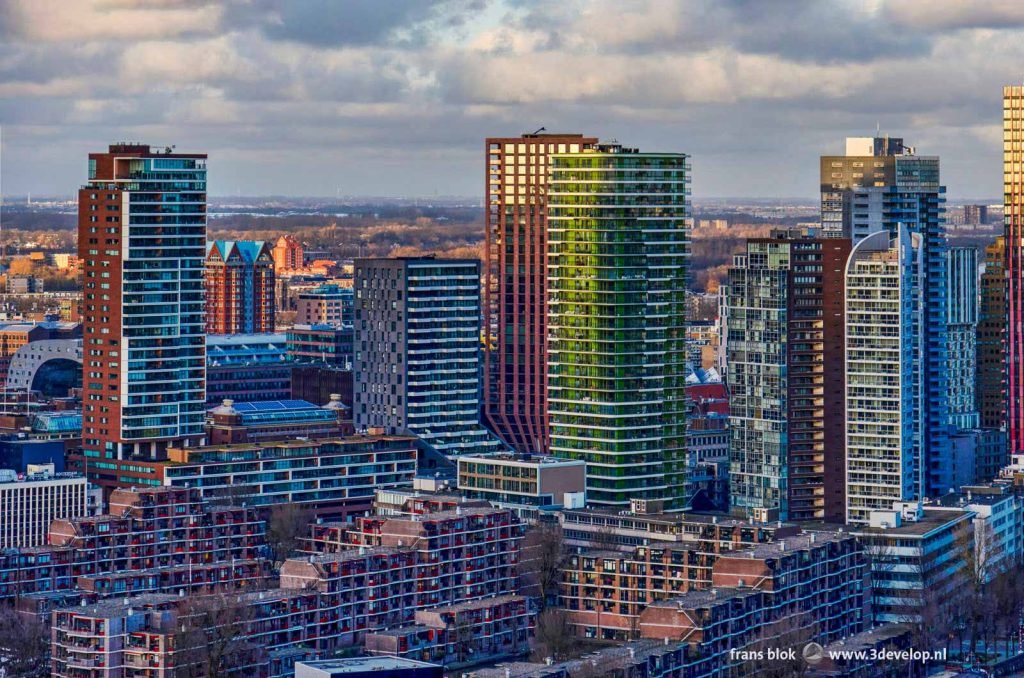 Residential towers at Wijnhaven island in Rotterdam during the golden hour before sunset