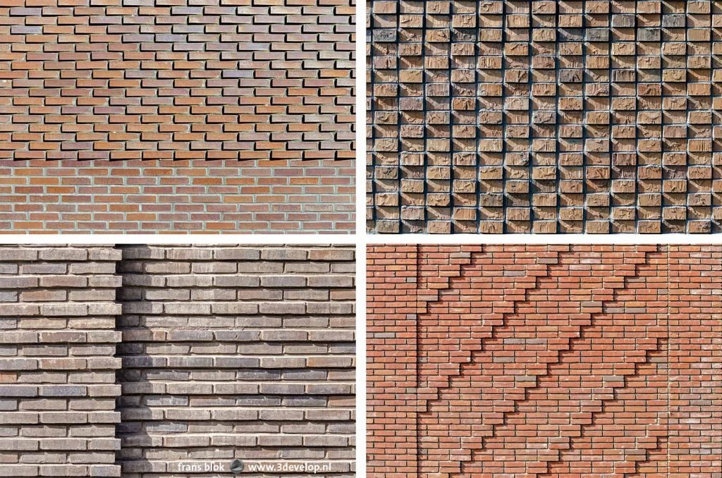 Four examples of recently made decorative masonry and brick reliefs in housing projects in Rotterdam